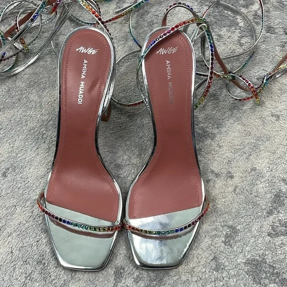 New Amina Muaddi x AWGE Rainbow Crystal LSD WrapAround Gladiator Sandals Heels